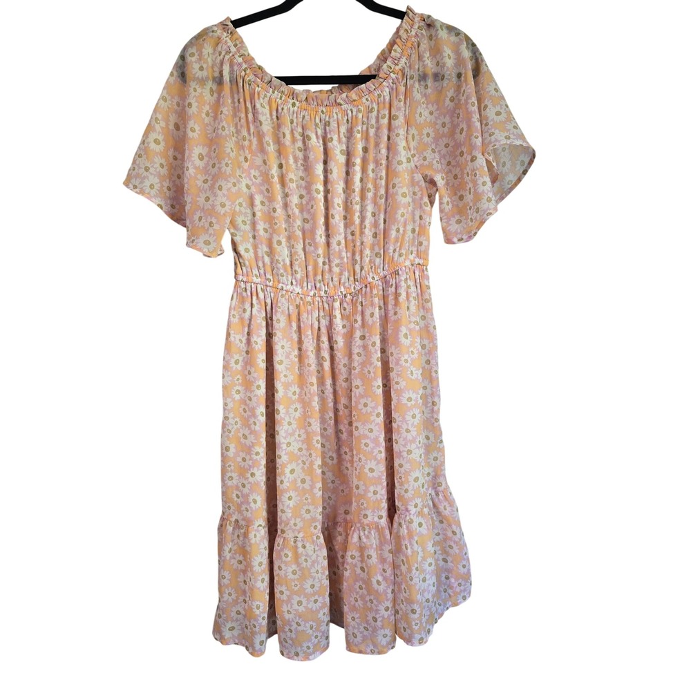 No Boundaries Womens Daisy Floral Mini Dress Orange‎ Pink Flutter Sleeve Large